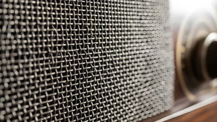 Close-up of a vintage metal mesh speaker grill on a wooden enclosure with a vintage audio system