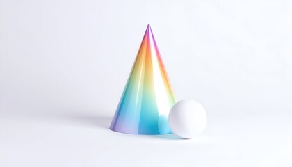 A vibrant, rainbow-colored cone next to a white sphere, on a plain white backdrop