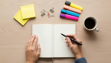 Minimal flat-lay of hands, notebook, and pen, planning and brainstorming theme