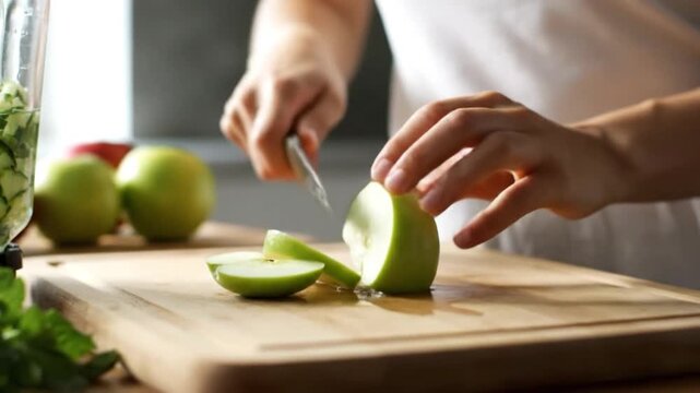 Cutting Fresh Green Apple On Wooden Board For Healthy Food Preparation