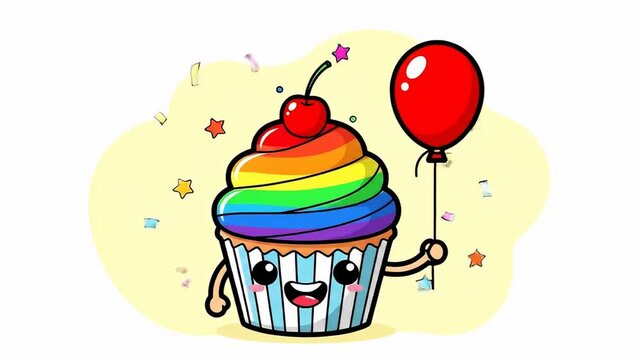 Colorful Cupcake Cartoon Character with Balloon for Celebration.