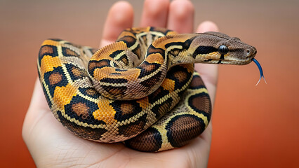 Obraz premium Small python snake coiled in human hands person holding pet reptile blue tongue flickering exotic animal encounter python pattern scales detailed skin texture herpetology concept studio shot