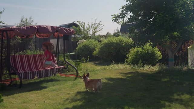 Sunlit Chase Scene With Caucasian Girl Running And Corgi Following Through Garden, High Energy Play, Blurred Motion And Playful Laughter, Open Lawn With Small Play Tent, Carefree Summer Activity