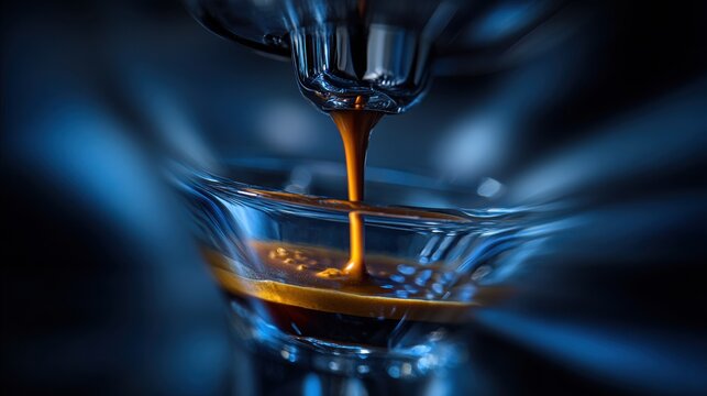 A close-up captures a meticulously crafted lungo shot gracefully pou into a clear glass cup, showcasing the rich, dark crema and inviting aroma of fresh coffee.