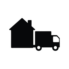 Moving house service icon showing a truck transporting a house structure