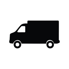A simple black silhouette of a delivery van on a white background