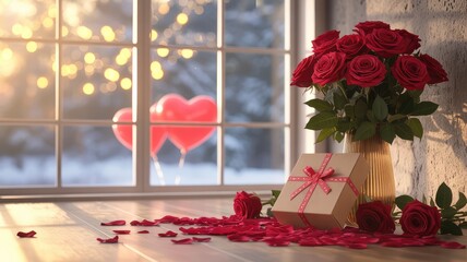 Romantic Valentine's Day setup with roses and gift by window
