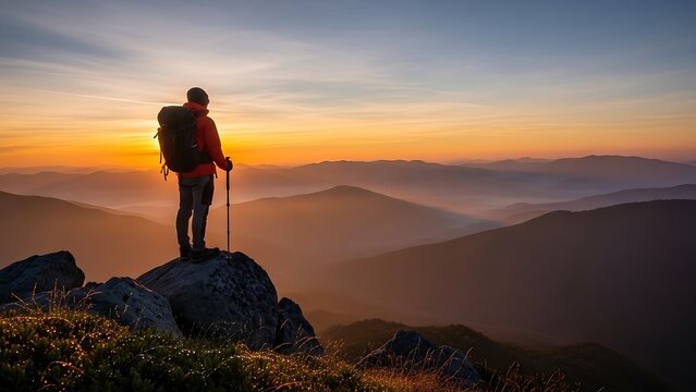 Silhouette of a hiker standing on a rocky outcrop with hiking poles, looking out at a breathtaking mountain range during a vibrant sunset with warm, golden tones.