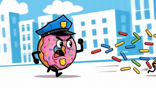Cartoon Donut Police Chasing Sprinkles in Cityscape Animation.