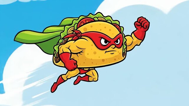 Taco Superhero Cartoon Character Flying in the Sky.