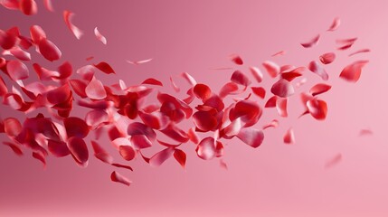 Bright studio photography of cascading red petals frozen in motion against pink background, dynamic Valentine concept