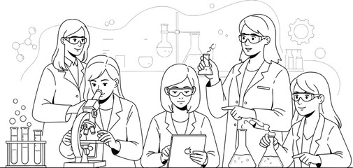 Group of focused female scientists working together in a modern laboratory conducting various experiments with glassware and digital tools for discovery