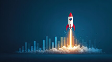 A sleek rocket launches from a cloud of smoke against a blue backdrop, symbolizing innovation and exploration amidst a city skyline.