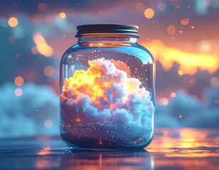 Cloud formation in glass jar, orange and blue hues, bokeh background. Dreamlike, ethereal, surreal, mesmerizing scene