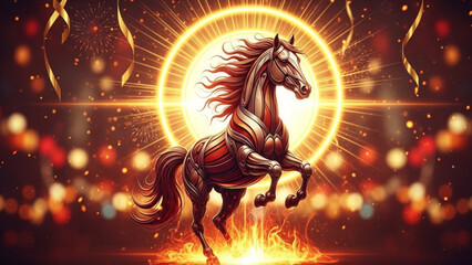 Majestic horse rearing in front of radiant sun with fiery mane and tail surrounded by vibrant lights and bokeh effects © Tahir