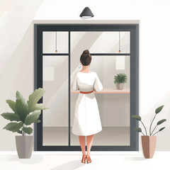 Rear view of an elegant woman in a white dress standing indoors.