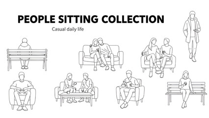 Obraz premium Flat CAD People Sitting Set – Minimal Architectural Entourage Urban Winter Line Art