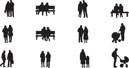 silhouettes of architecture drawing people. Architectural drawing kids, teenagers, grandparents or old people and people go set in row section elevation view. characters in architectural.
