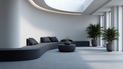 stylish urban apartment interior with curved furniture, daylight shadows, architectural stock photo
