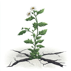 Resilient Daisy Plant Emerging from Cracked Earth