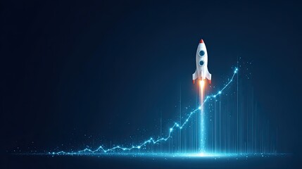 A sleek rocket launches against a dark background, symbolizing growth and high technology with a graph indicating upward progress.