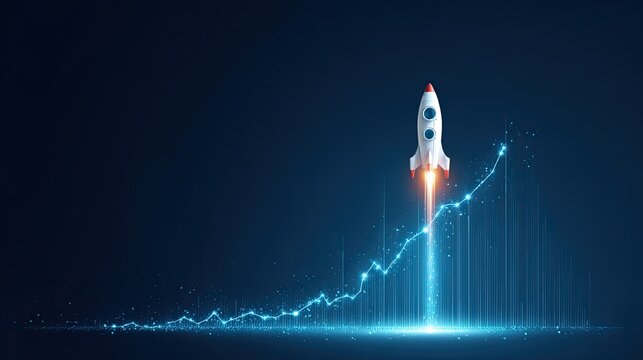 A sleek rocket launches against a dark background, symbolizing growth and high technology with a graph indicating upward progress.