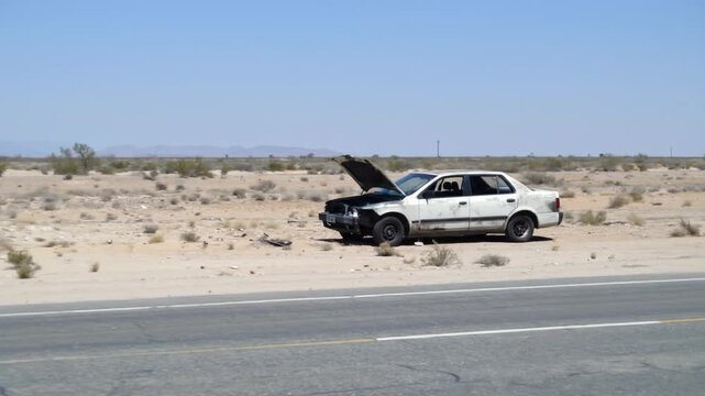 Broken down vehicle on roadside with open hood in desert landscape