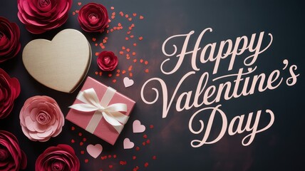 Romantic Valentine's Day greeting with gifts and roses