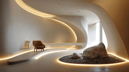 Modern zen meditation space with soft ambient lighting and curved minimalist walls. Features stone garden elements creating a serene atmosphere, perfect for wellness facilities, spa interiors, or cont