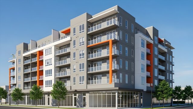 modern residential building in barcelona spain, Modern Multistory Apartment Building with Orange Accents and Glass Balconies Under Blue Sky