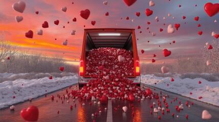 Truck overflowing with red and white hearts on snowy road