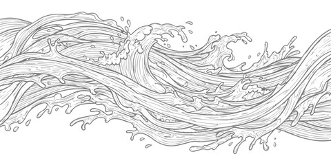 Fototapeta premium Dynamic seamless pattern of abstract ocean waves and water splashes in detailed line art drawing style