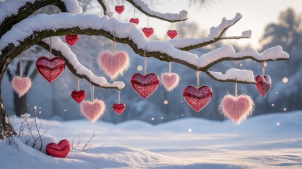 Snowy tree branch decorated with hanging red and pink hearts