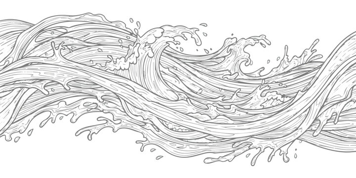 Dynamic seamless pattern of abstract ocean waves and water splashes in detailed line art drawing style