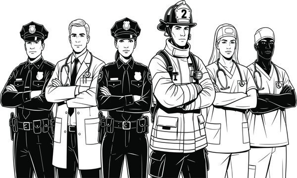 Line art illustration of various emergency first responders including police officers firefighter and medical doctors in uniform