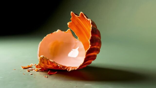 Broken orange seashell with pearl on green background conceptual photography