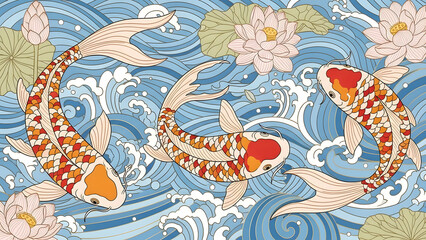 Decorative koi fish swimming pattern artwork
