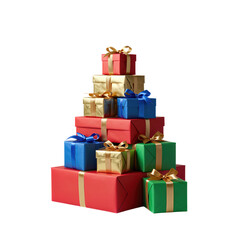 Obraz premium Stack of colorful wrapped gift boxes tied with ribbons.