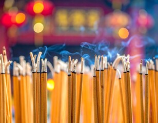 A close-up of numerous incense sticks with smoke rising