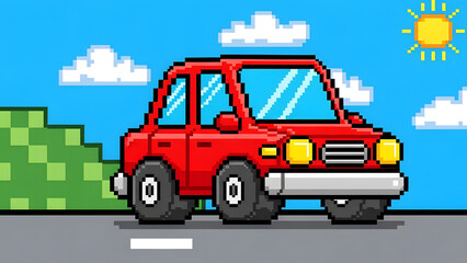 Retro pixel style red car driving