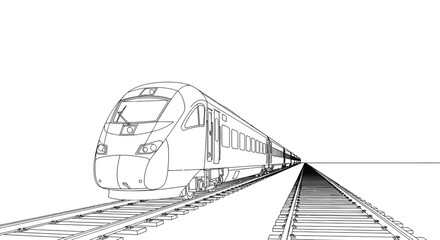 Futuristic high speed passenger train on tracks with a vanishing point perspective against a white background line art illustration © Line Home