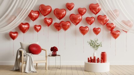 Romantic Valentine's Day interior with heart balloons and decor