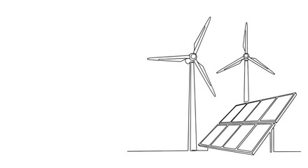 Clean energy concept with wind turbines and solar panels in a minimalist line art style on a white background © Line Home