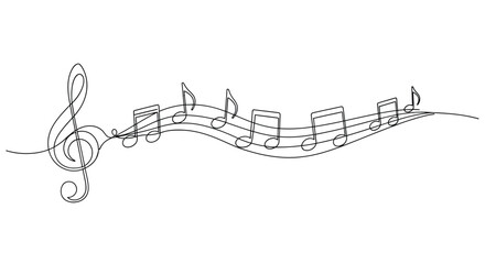 Elegant single line drawing of a treble clef and musical notes flowing along a wavy staff
