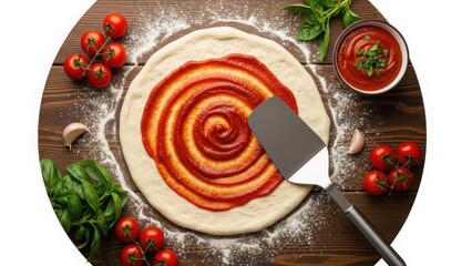 Delicious homemade pizza dough with tomato sauce being prepared on a wooden table with ingredients