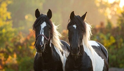 A close-up photograph of two black and white horses standing side by side