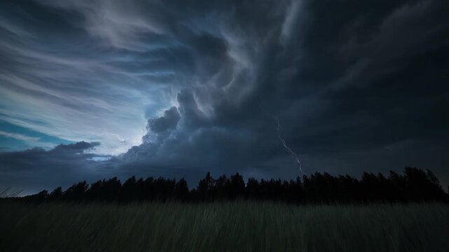 Dramatic dark storm clouds gather ominously over a silhouetted forest at dusk, with lightning illuminating the sky