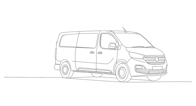 Minimalist line art illustration of a modern passenger van or minibus viewed from the side on a white background