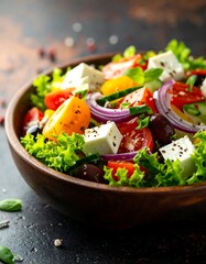 A colorful Greek salad with mixed greens, vegetables, and feta cheese in a brown bowl