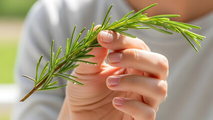 Fresh rosemary herb held by hand in natural light